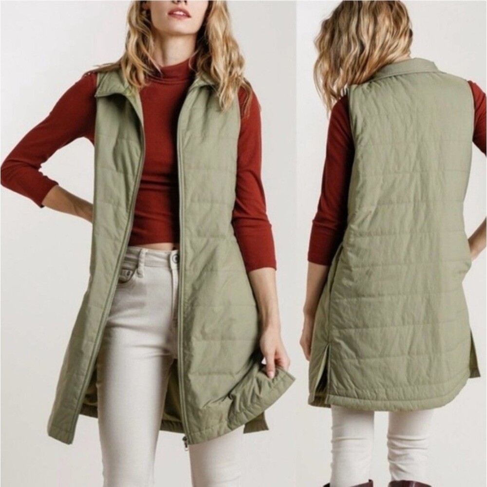 Umgee Long Quilted Lined Olive Army Green Zip Front High Mock Neck Vest SMALL